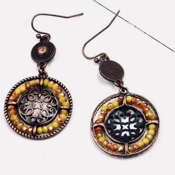 Bohemian bronzed yellow beaded dangle earrings - Picture 1 of 2